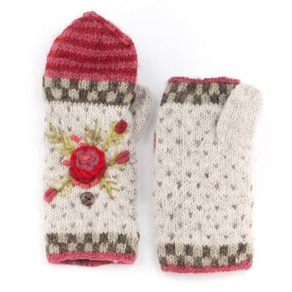 Aubrey Floral Embroidered Wool Flip Mittens | Handwarmer: Light Natural