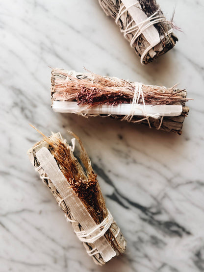 Healing Smudge Bundle, with Sage, Selenite, and Wildflowers