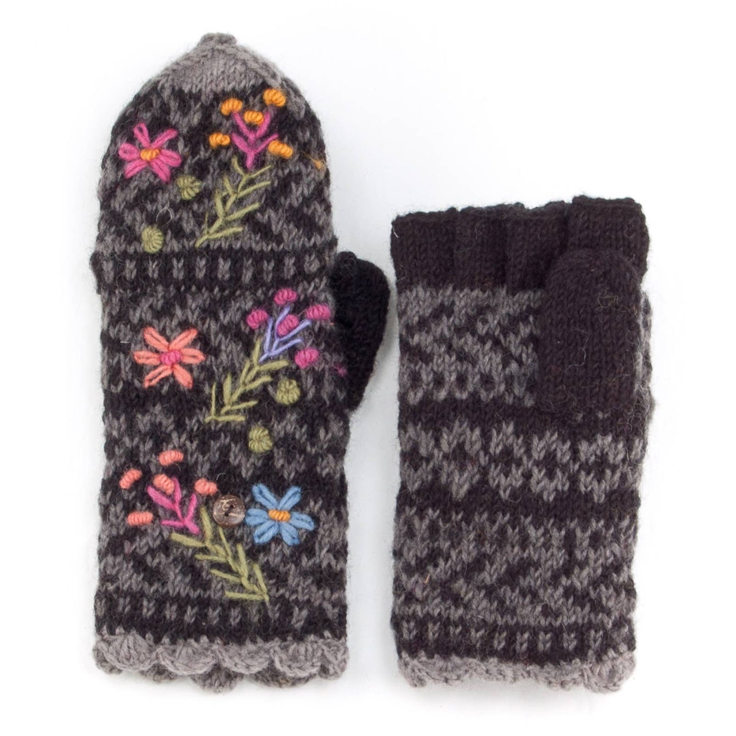 Sadie Wool Convertible Mittens with Embroidery: Mint