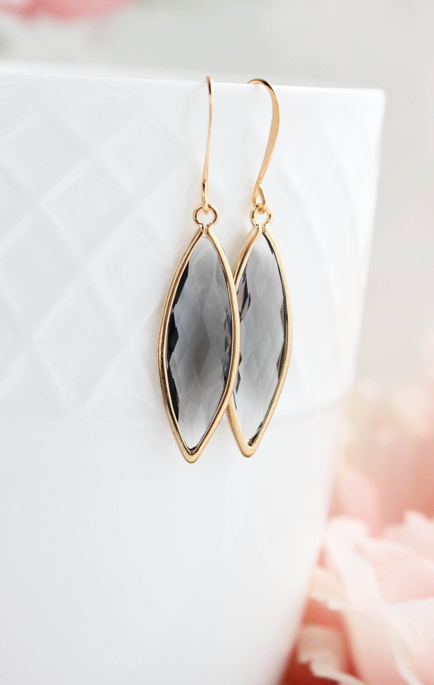 Glass Marquis Drop Earrings - Smoke Grey/Gold - 221