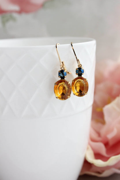 Topaz and Navy Blue Oval Drop Earrings | Vintage Glass - 213