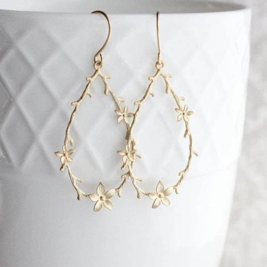 Twig and Flower Hoop Earrings | Matte Gold - 120