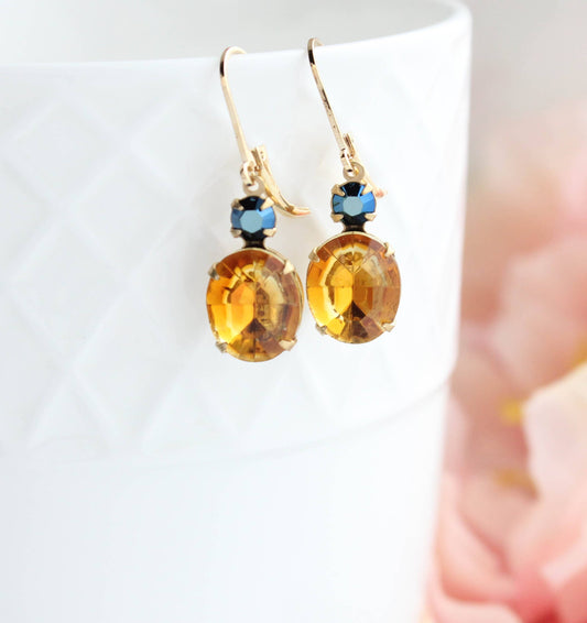 Topaz and Navy Blue Oval Drop Earrings | Vintage Glass - 213