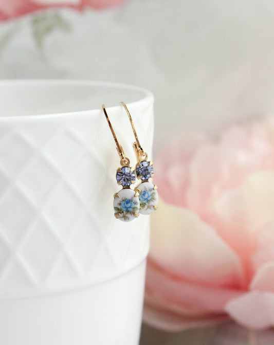 Little Blue Rose Cameo Earrings | Vintage Glass - 210