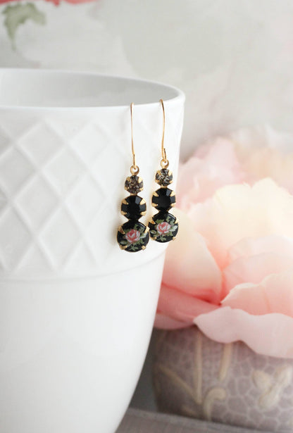 Vintage Glass Earrings | Black w/ Pink Rose - 211