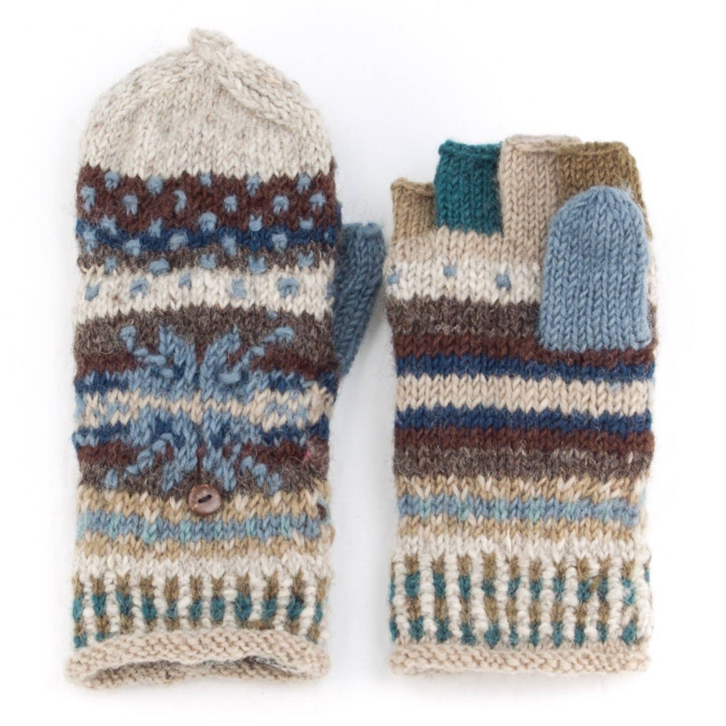 Jasper Wool Convertible Mittens with Nordic Knit Pattern: Brown