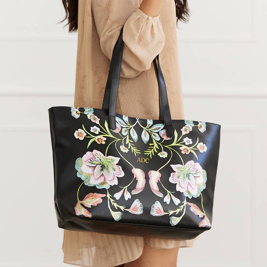 Faux Leather Tote Bag | Black Vintage Floral