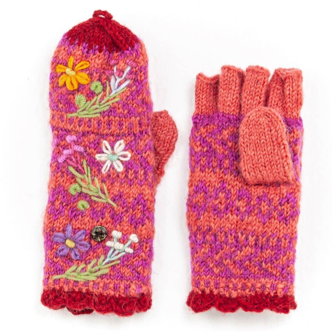Sadie Wool Convertible Mittens with Embroidery: Light Natural
