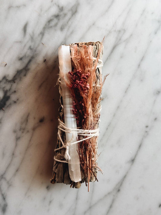 Healing Smudge Bundle, with Sage, Selenite, and Wildflowers