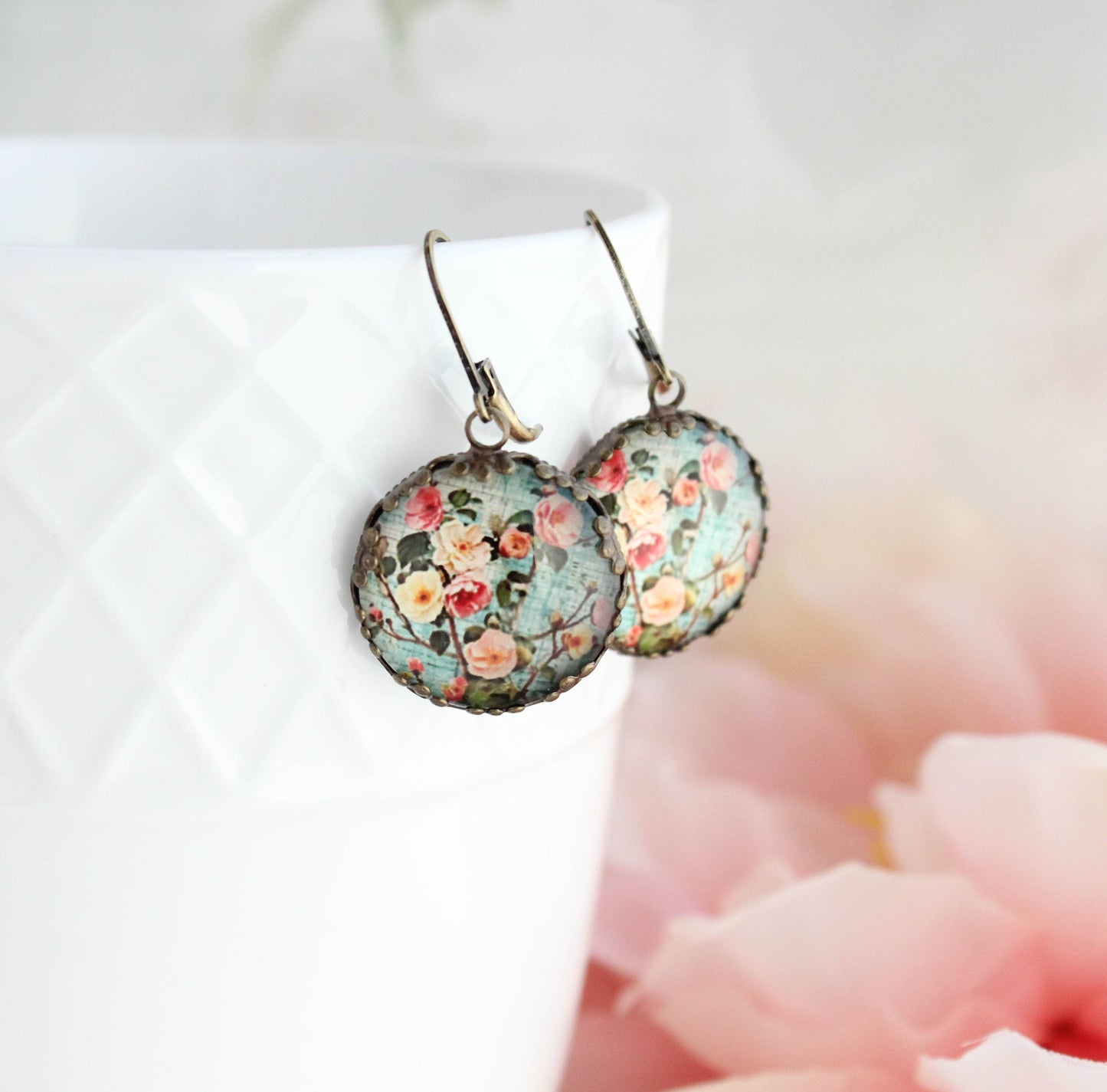 Floral Earrings | Flowers and Leaves | Aqua Mint 145