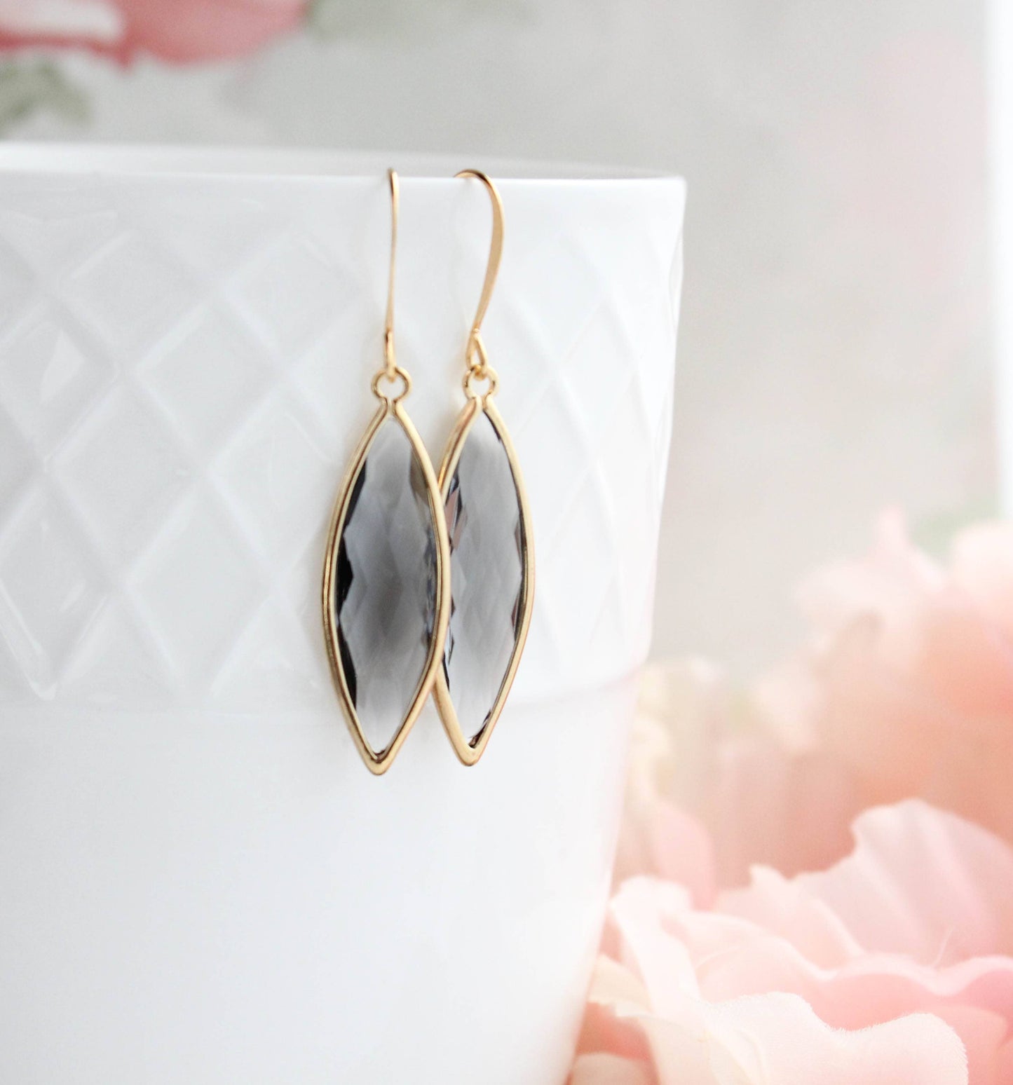 Glass Marquis Drop Earrings - Smoke Grey/Gold - 221