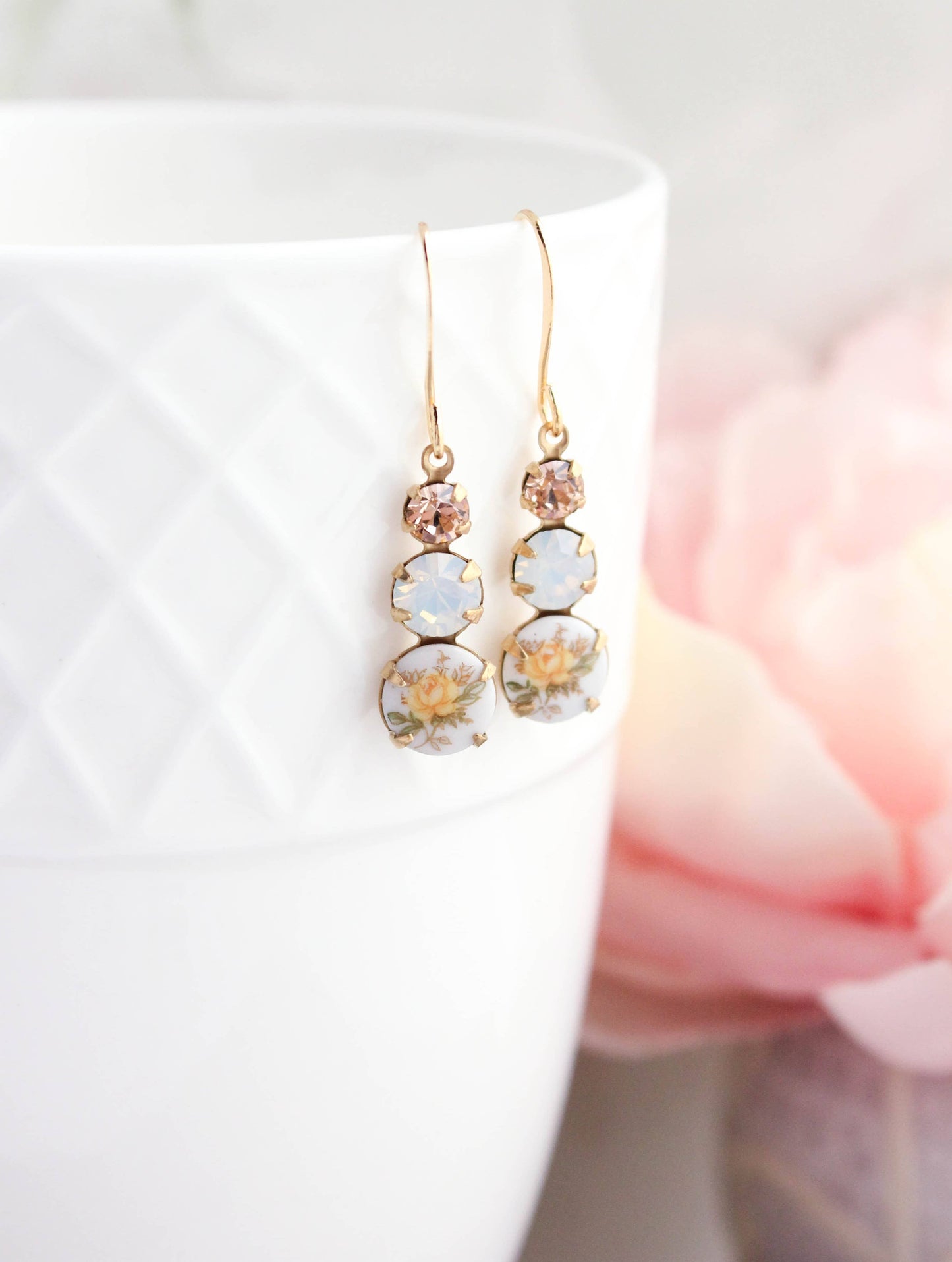 Yellow Rose Earrings | Vintage Glass - 205