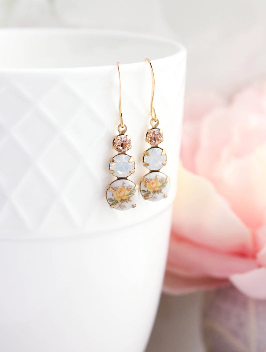 Yellow Rose Earrings | Vintage Glass - 205