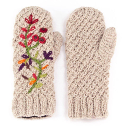 Naomi Embroidered Wool Hand Knit Mittens: Light Natural