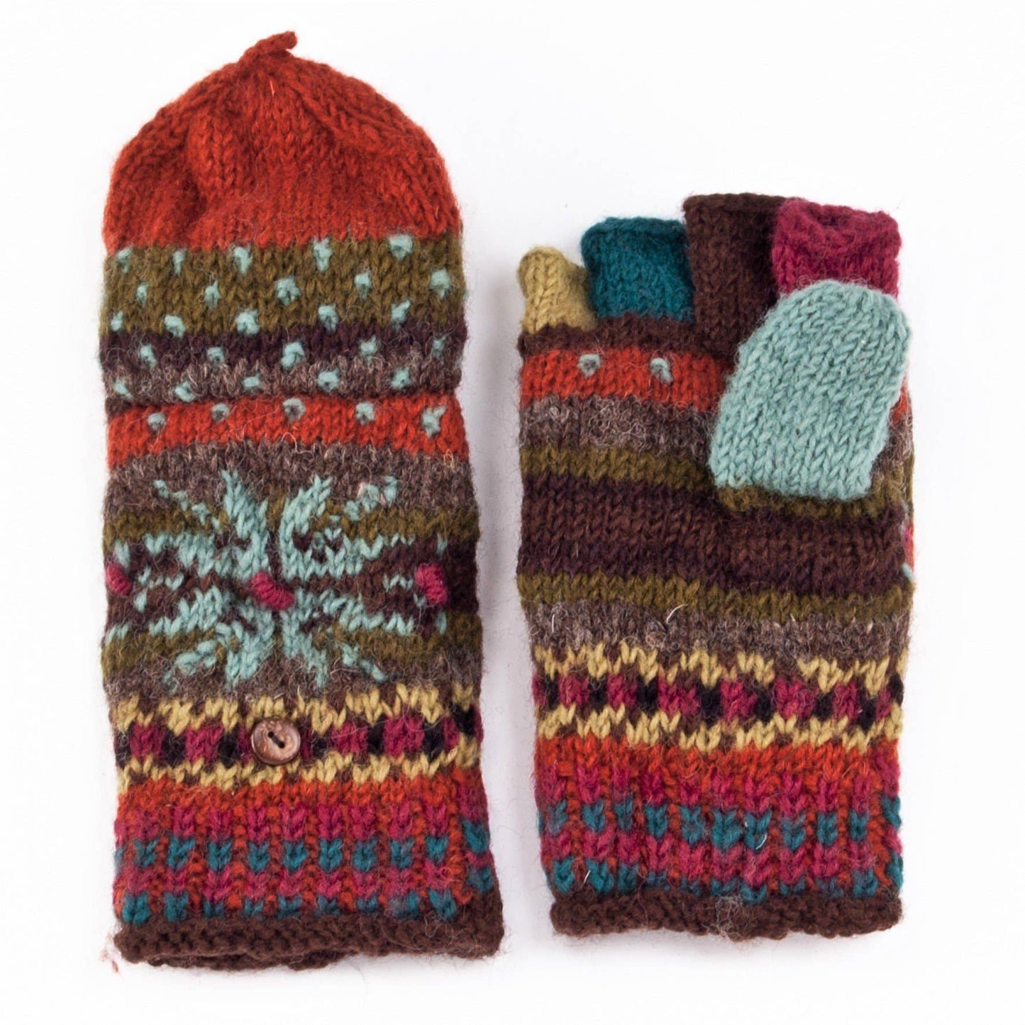 Jasper Wool Convertible Mittens with Nordic Knit Pattern: Brown