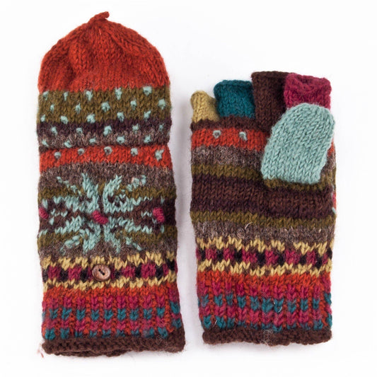Jasper Wool Convertible Mittens with Nordic Knit Pattern: Brown