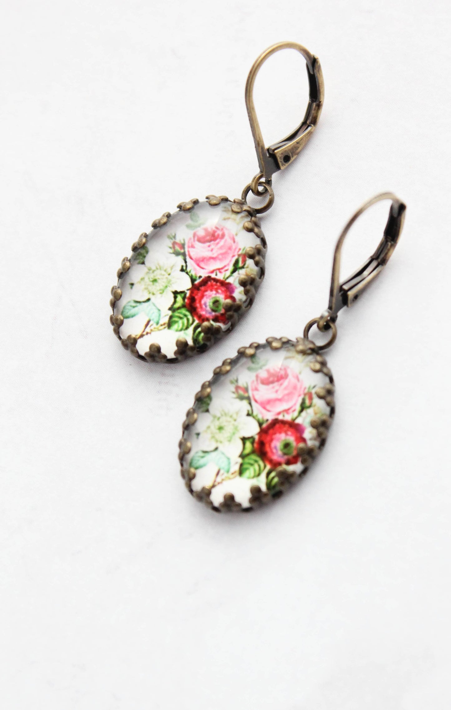 Floral Earrings | Vintage Style Botanical Red Pink and White 305