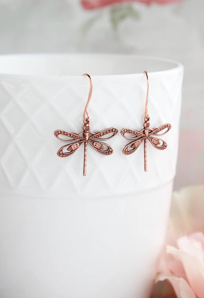 Dragonfly Earrings |  Rose Copper Earrings | Nature Jewelry - 101