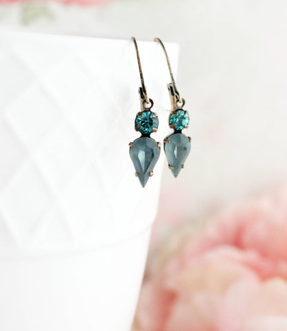 Tiny Vintage Glass Drop Earrings | Peacock Blue | #235
