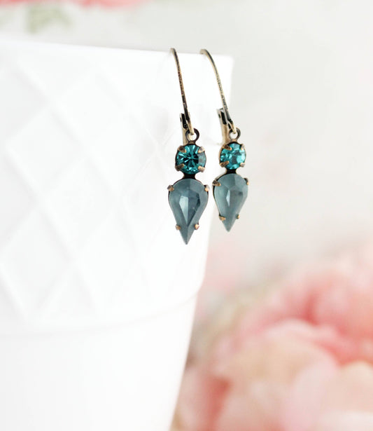 Tiny Vintage Glass Drop Earrings | Peacock Blue | #235