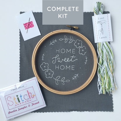 Home Sweet Home Embroidery Kit | Grey with White Flowers