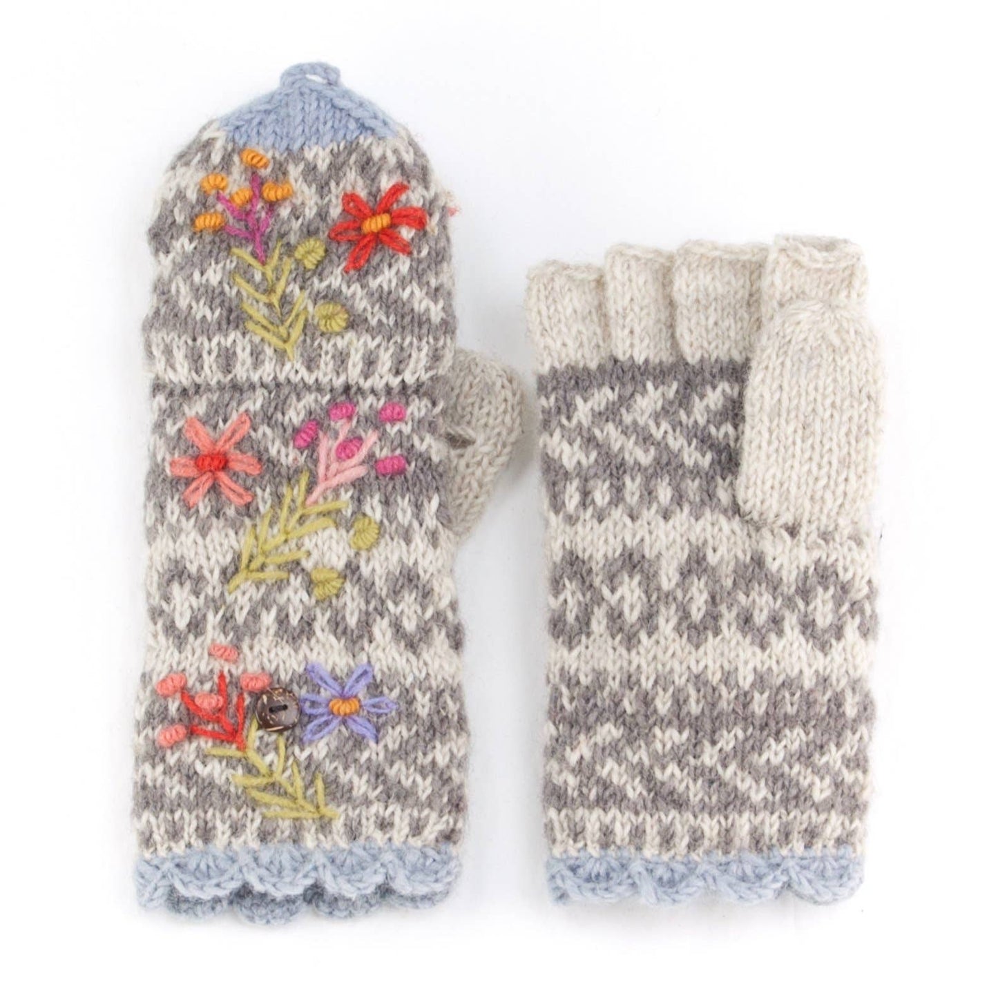 Sadie Wool Convertible Mittens with Embroidery: Light Natural