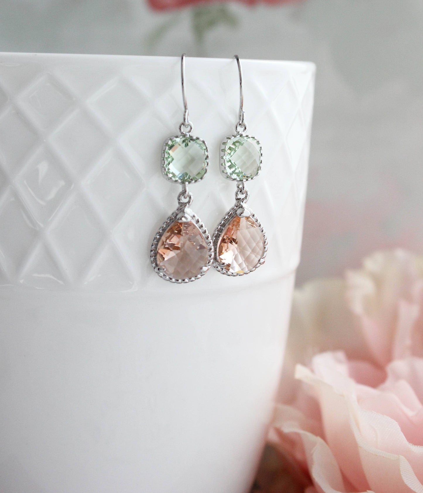 Mint and Peach Earrings | Two Jewel Teardrop Silver Earrings - 369