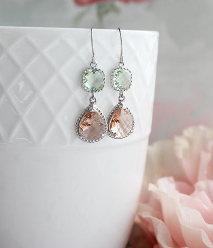 Mint and Peach Earrings | Two Jewel Teardrop Silver Earrings - 369