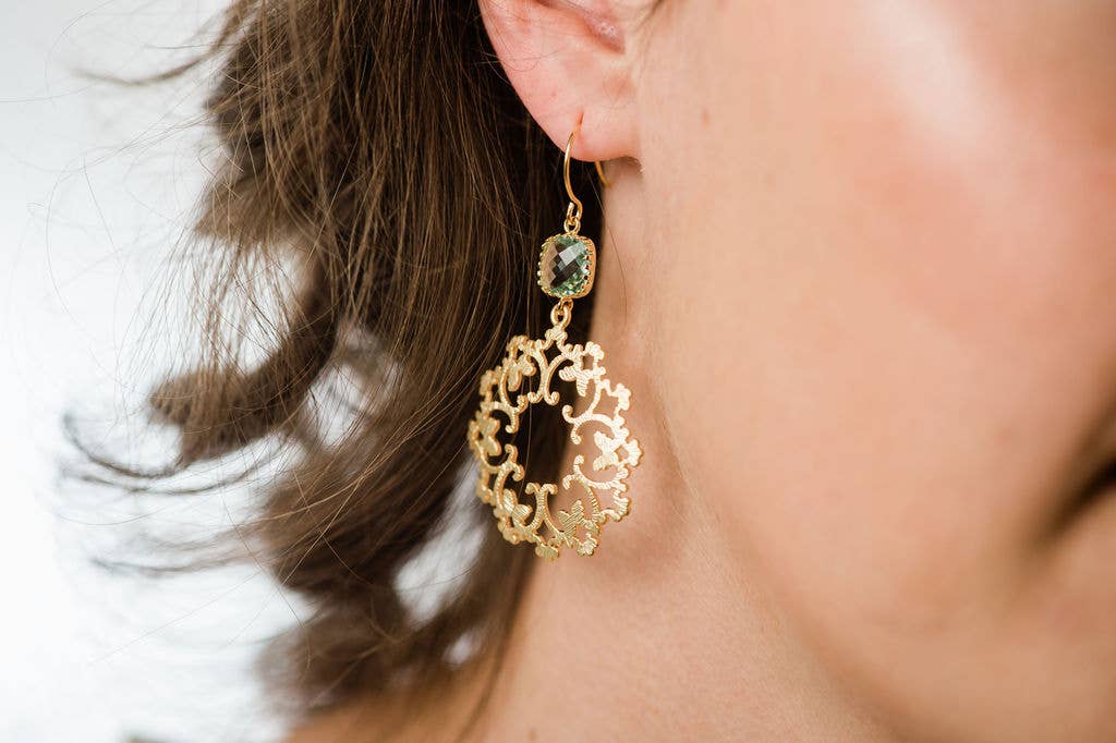 Gold Filigree and Aqua Glass Earrings | Modern Dangles - 142