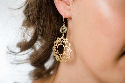 Gold Filigree and Aqua Glass Earrings | Modern Dangles - 142