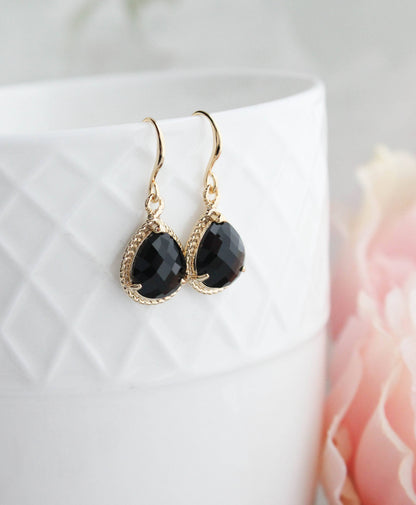 Black Onyx Glass Teardrop Earrings | Gold Rope Setting - 106