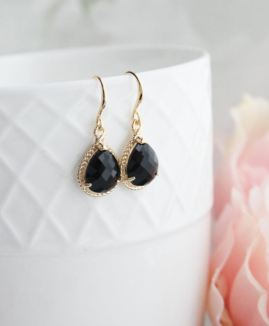 Black Onyx Glass Teardrop Earrings | Gold Rope Setting - 106