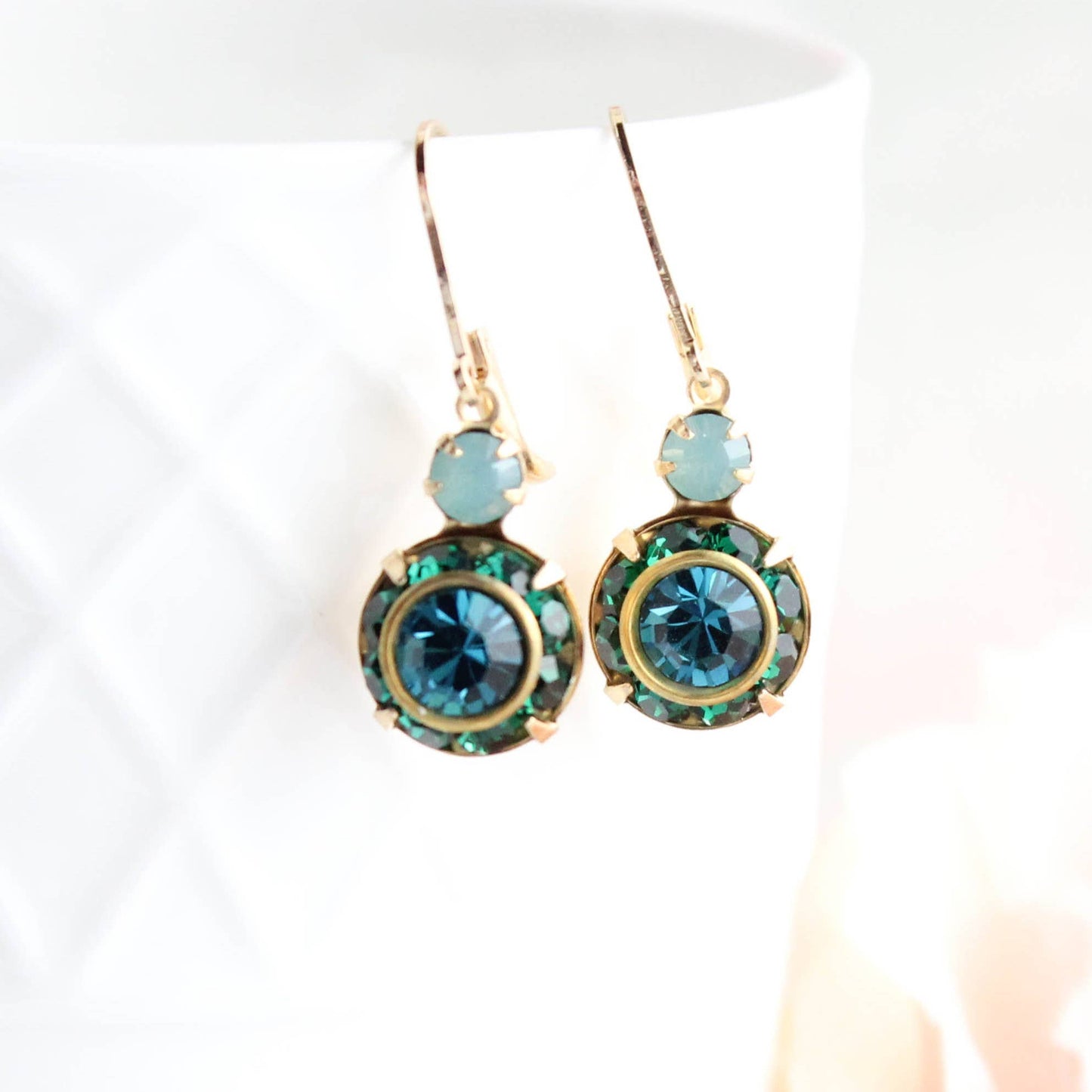 Art Deco Floral Earrings | Dark Teal & Emerald Green Glass - 301