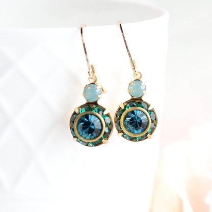 Art Deco Floral Earrings | Dark Teal & Emerald Green Glass - 301