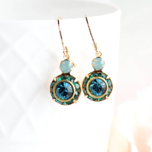 Art Deco Floral Earrings | Dark Teal & Emerald Green Glass - 301