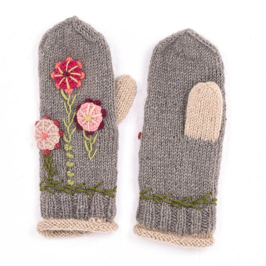 Maya Mittens – Hand-Knit Wool with 3D Floral Embroidery: Grey
