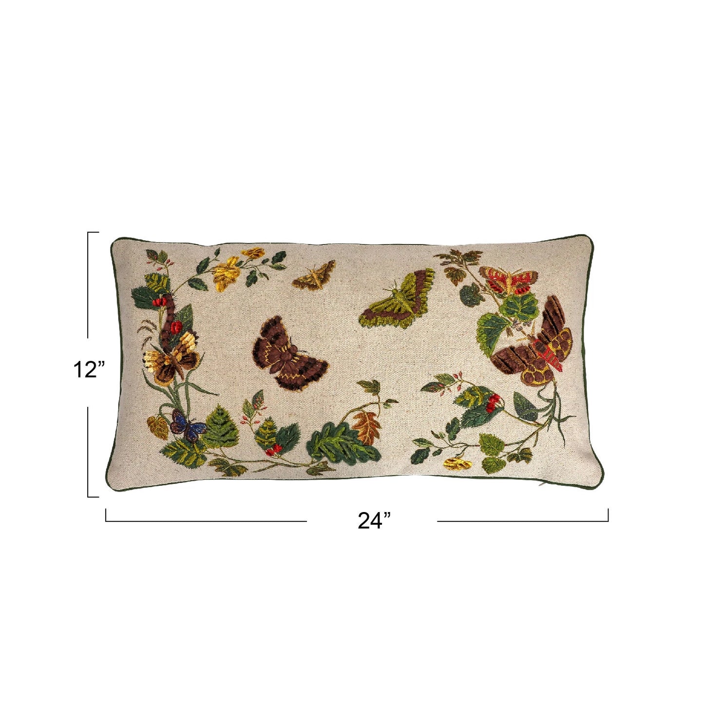 24" x 12" Cotton Lumbar Pillow w/ Butterflies, Flowers, Embroidery & Piping