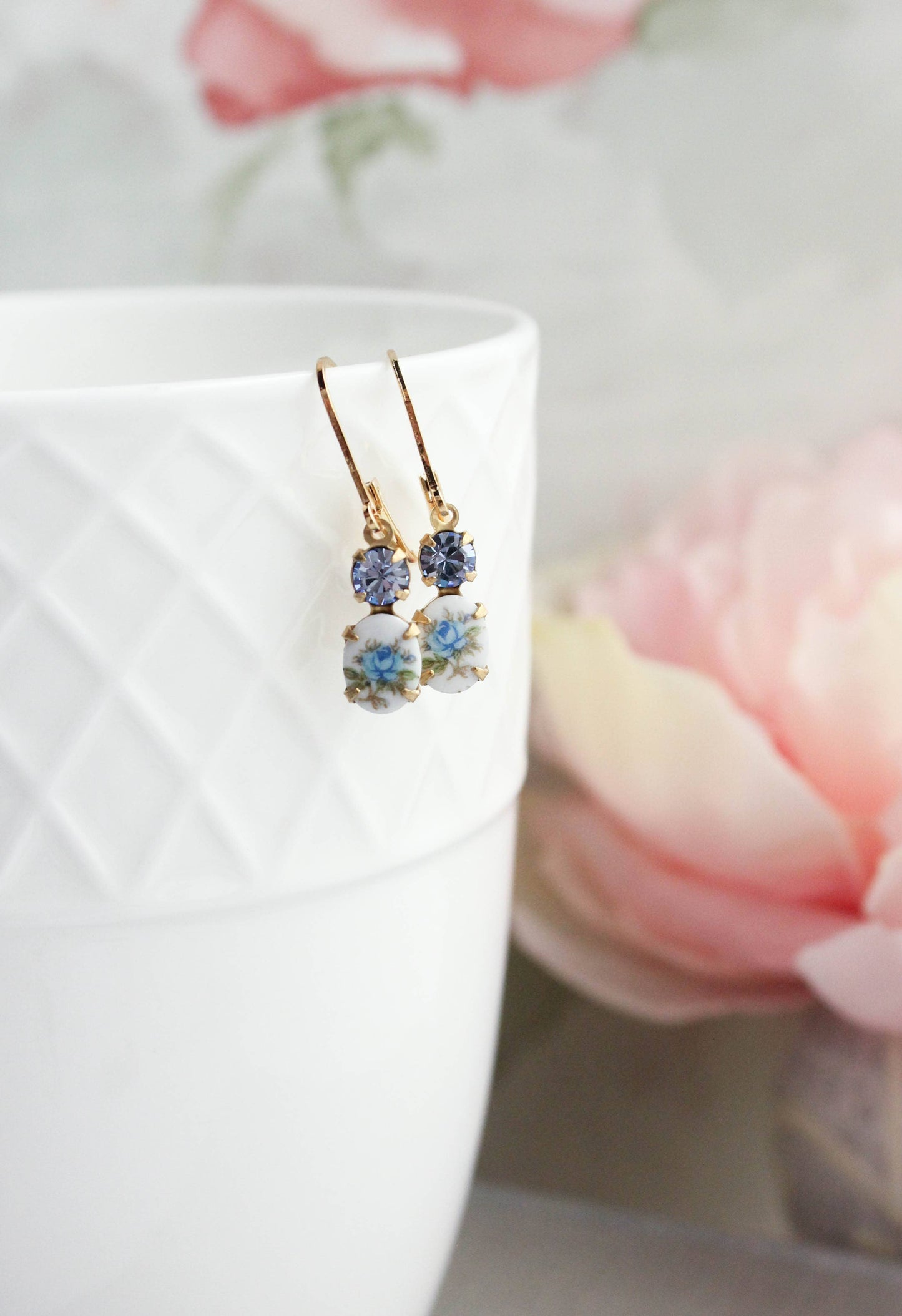 Little Blue Rose Cameo Earrings | Vintage Glass - 210