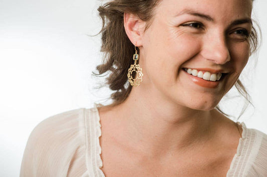 Gold Filigree and Aqua Glass Earrings | Modern Dangles - 142