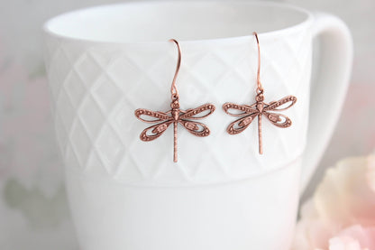 Dragonfly Earrings |  Rose Copper Earrings | Nature Jewelry - 101