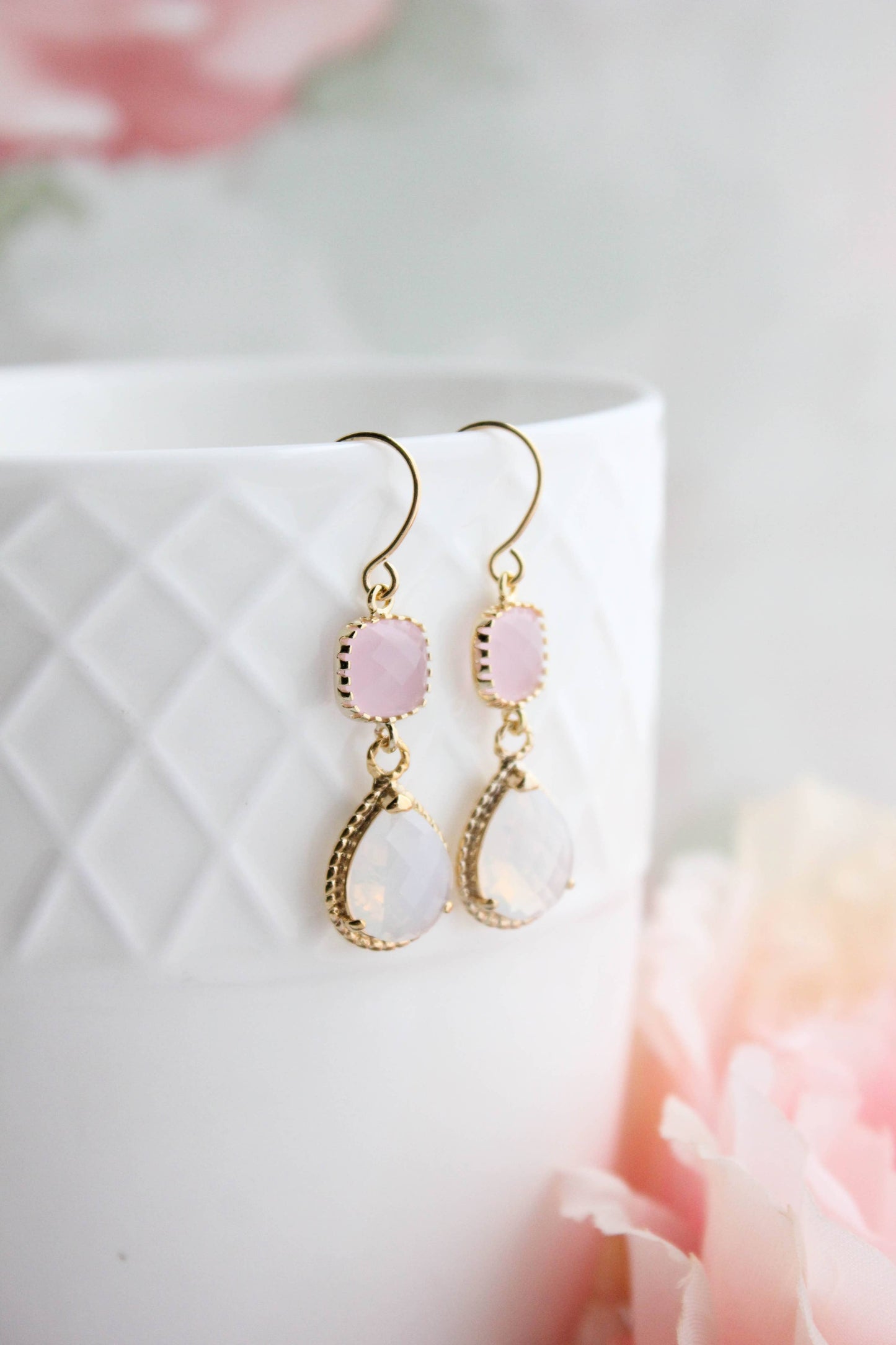 Opal and Pink | Glass Dangle Earrings - 347