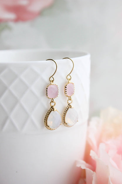 Opal and Pink | Glass Dangle Earrings - 347