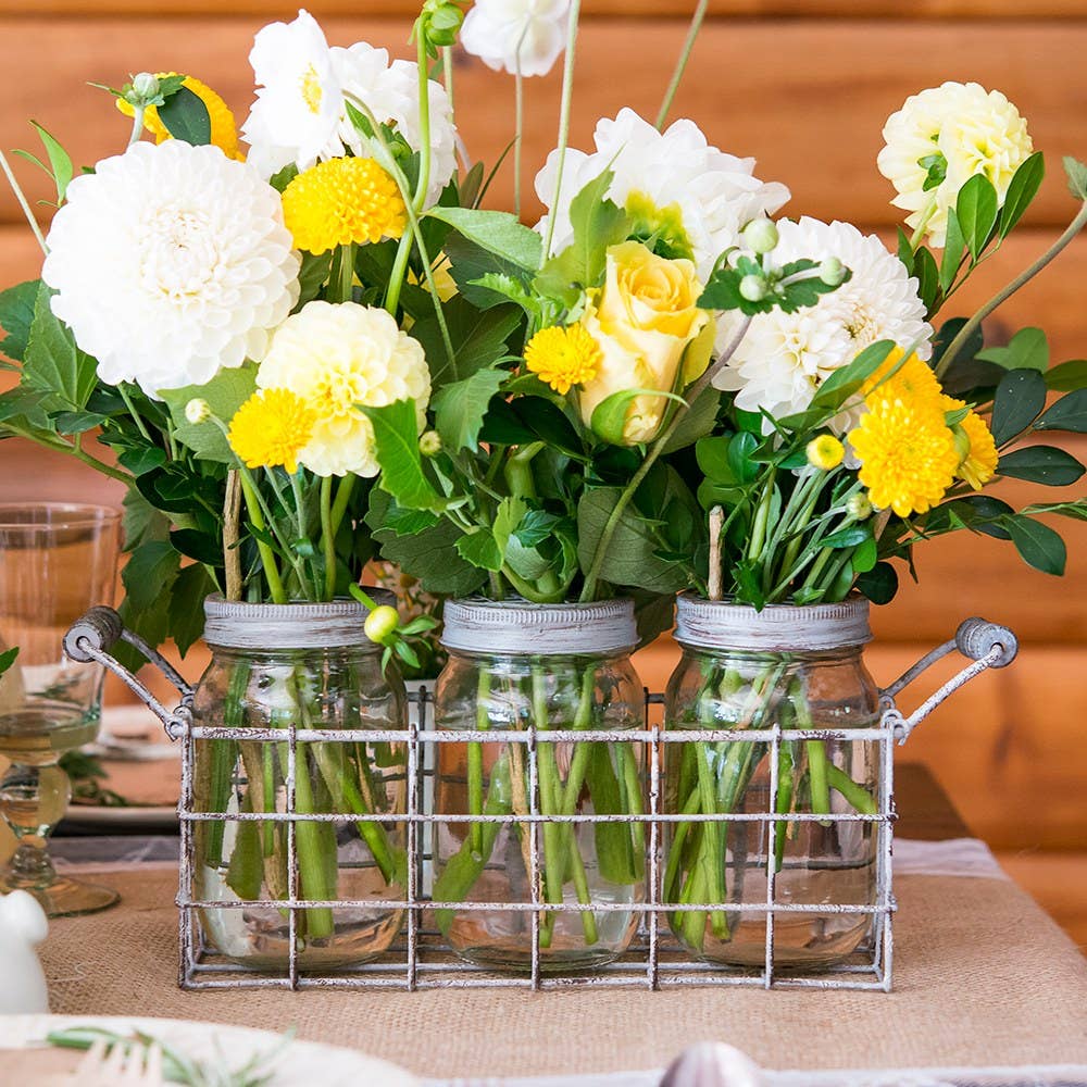 Vintage Inspired Mason Jar Set In Wire Holder