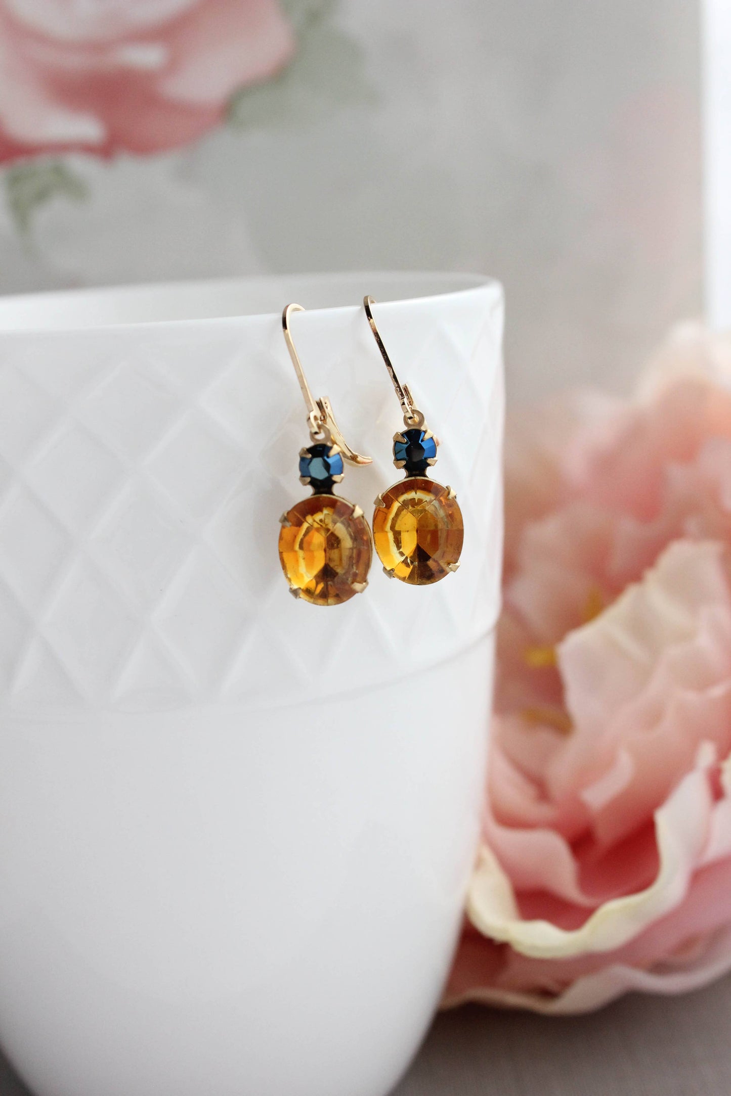 Topaz and Navy Blue Oval Drop Earrings | Vintage Glass - 213