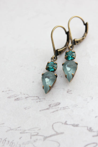 Tiny Vintage Glass Drop Earrings | Peacock Blue | #235