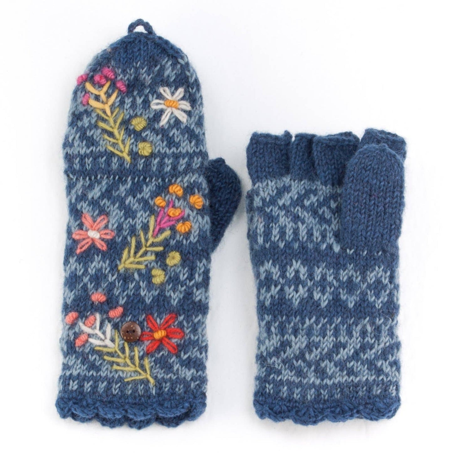 Sadie Wool Convertible Mittens with Embroidery: Mint