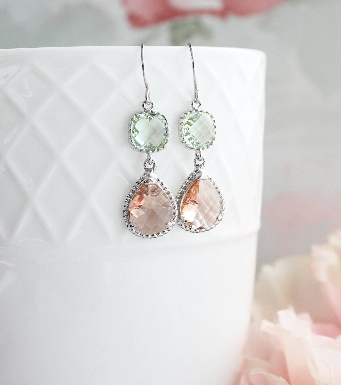 Mint and Peach Earrings | Two Jewel Teardrop Silver Earrings - 369