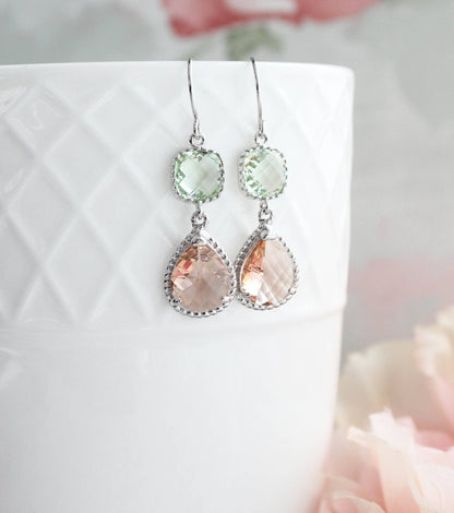 Mint and Peach Earrings | Two Jewel Teardrop Silver Earrings - 369