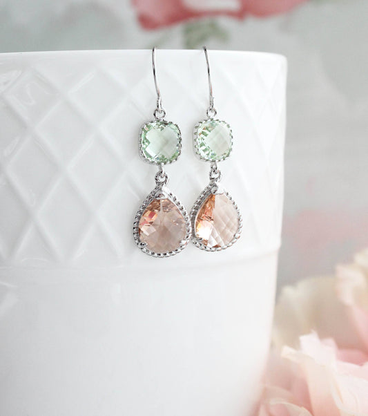 Mint and Peach Earrings | Two Jewel Teardrop Silver Earrings - 369