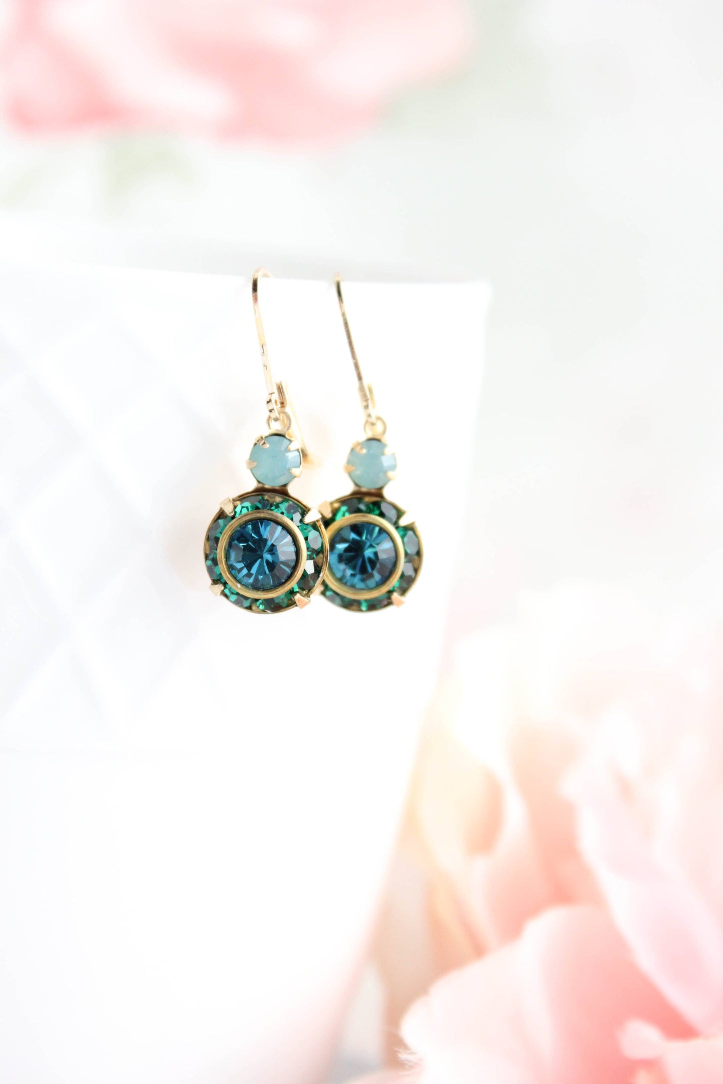 Art Deco Floral Earrings | Dark Teal & Emerald Green Glass - 301